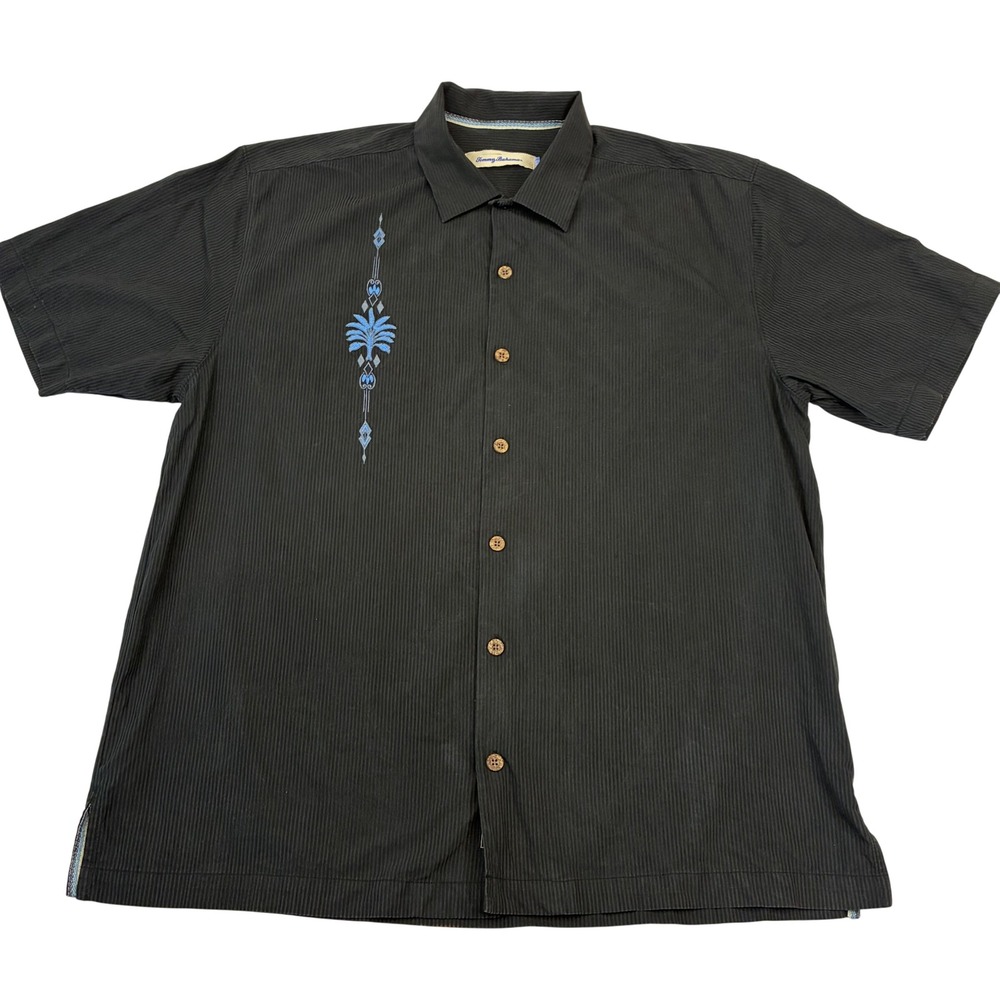 Tommy Bahama Shirt Mens Large Black Silk Blend Embroidered Palm Pinstripe Camp